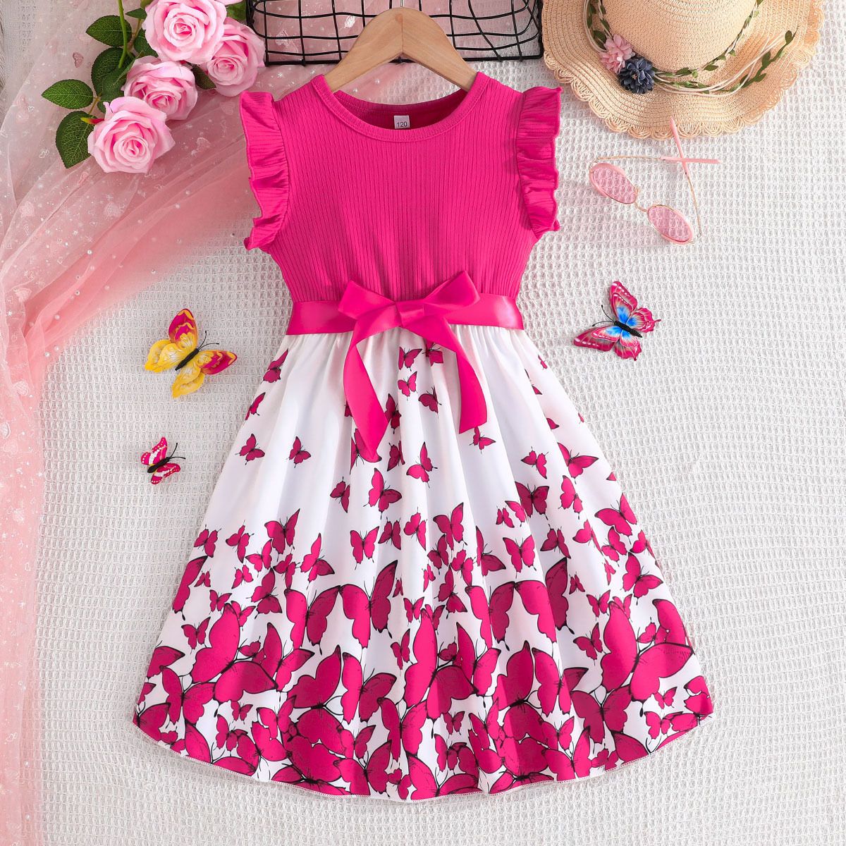 Girl'S Clothing Set Dress Ruffled Sleeve Patchwork Tulle Style Princess Dress Butterfly Print Bowknot Fashion Design New Style Comfortable And Breathable Holiday Gift Party Attendance Activity