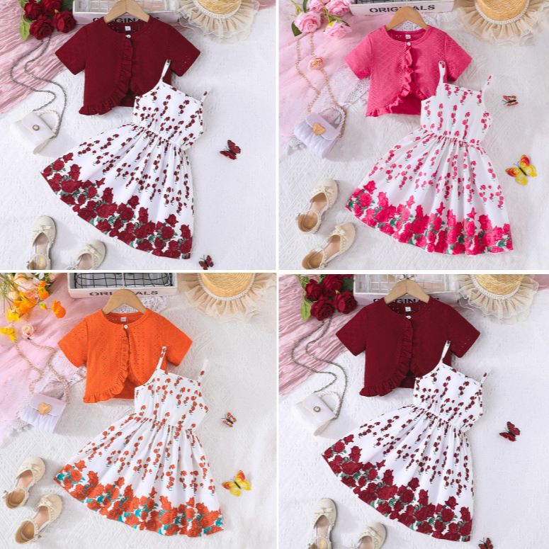 Girl's Clothing 2-Piece Set Vest Princess Dress Crew Neck Short-Sleeve Top Rose Pattern Skirt Hem Slip Dress Suitable For 2-7 Years Old Fashion Design New Style Comfortable And Breathable Holiday Gift