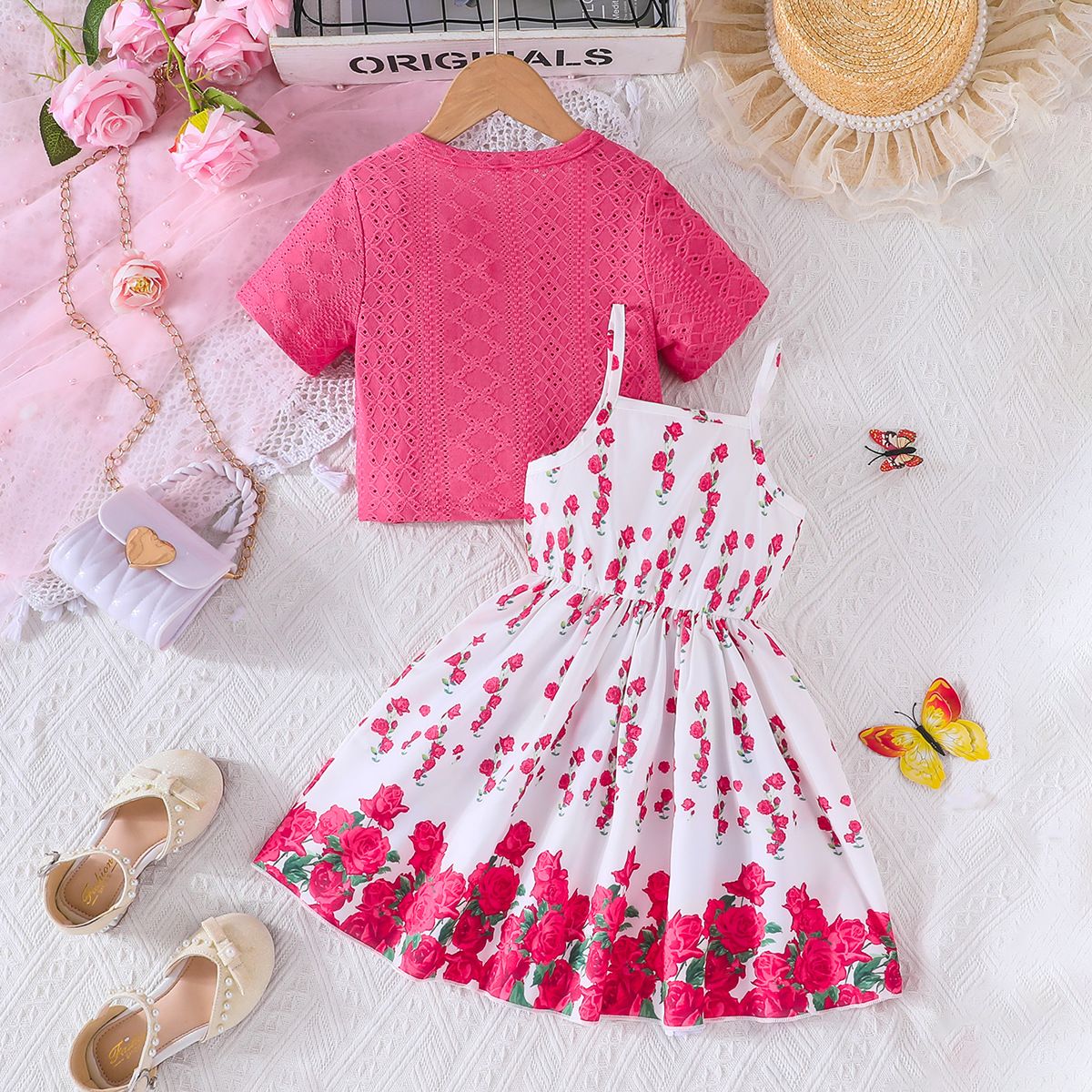 Girl's Clothing 2-Piece Set Vest Princess Dress Crew Neck Short-Sleeve Top Rose Pattern Skirt Hem Slip Dress Suitable For 2-7 Years Old Fashion Design New Style Comfortable And Breathable Holiday Gift