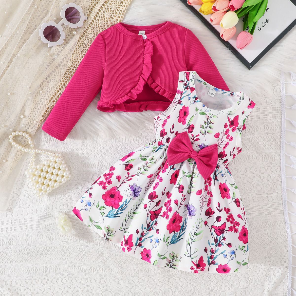 Girls' 2-Piece Outfit Set Camisole Princess Dress Round Neck Long Sleeve Top Bow Bow Belt Fashion New Style Stylish Design Birthday Holiday Gift