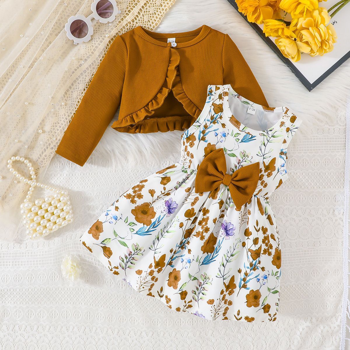 Girls' 2-Piece Outfit Set Camisole Princess Dress Round Neck Long Sleeve Top Bow Bow Belt Fashion New Style Stylish Design Birthday Holiday Gift