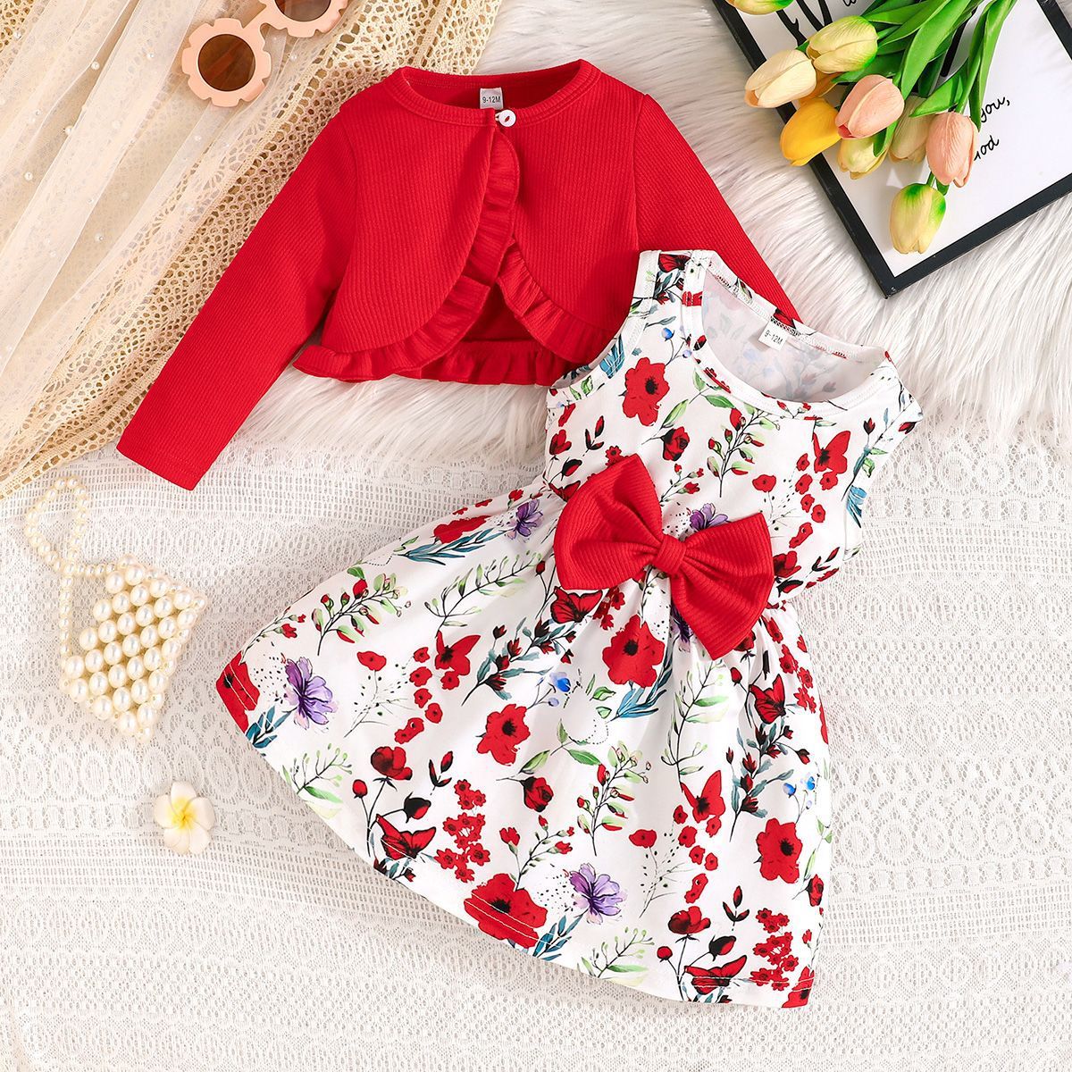 Girls' 2-Piece Outfit Set Camisole Princess Dress Round Neck Long Sleeve Top Bow Bow Belt Fashion New Style Stylish Design Birthday Holiday Gift