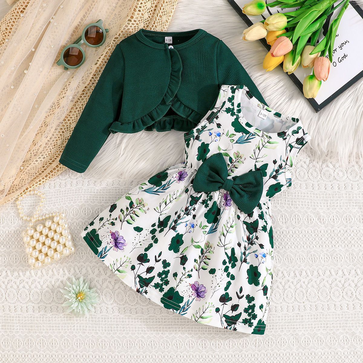 Girls' 2-Piece Outfit Set Camisole Princess Dress Round Neck Long Sleeve Top Bow Bow Belt Fashion New Style Stylish Design Birthday Holiday Gift