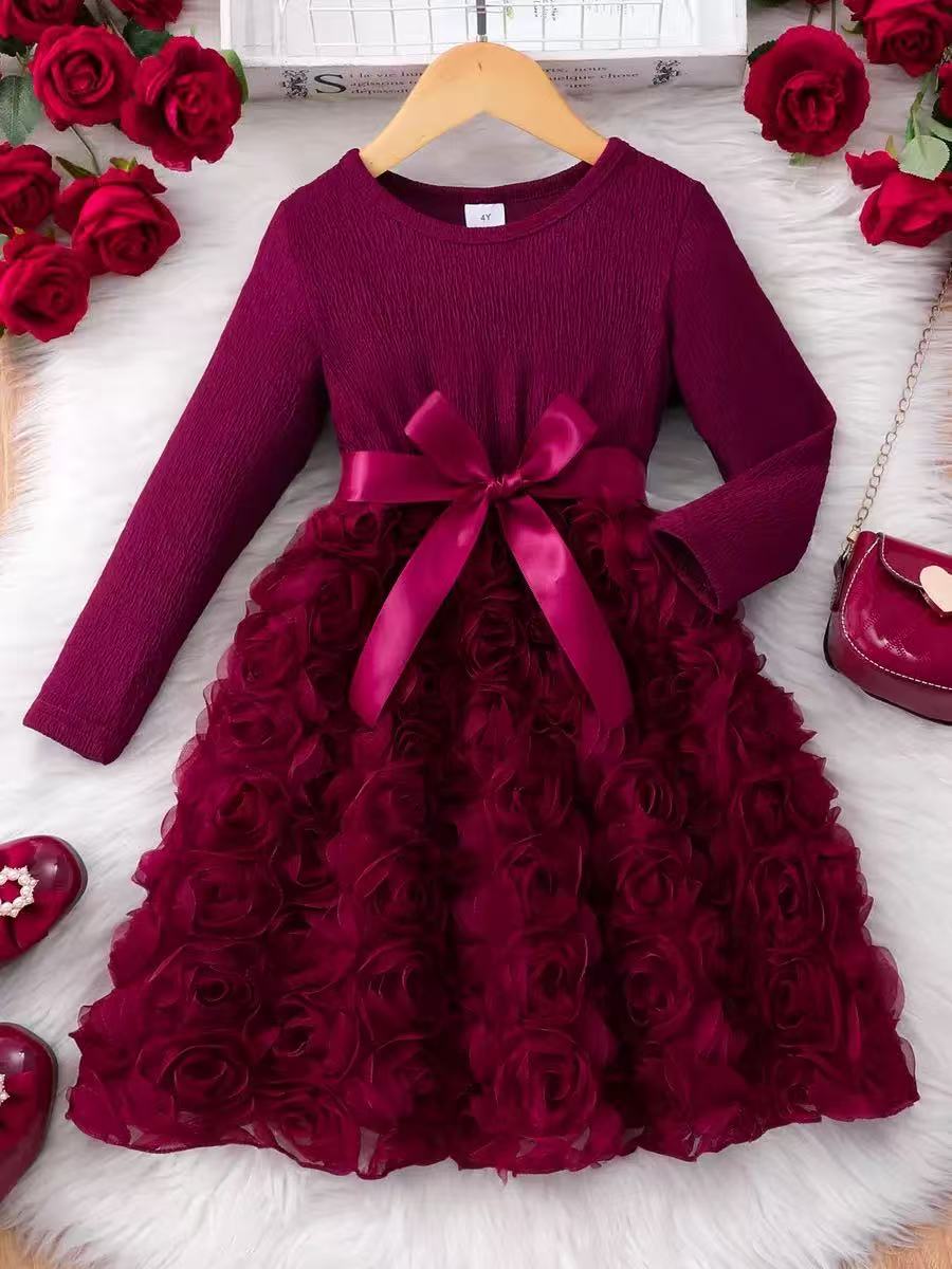 Girls' Clothing Children's Clothing Dress Long Sleeved Mesh Style Fashionable New Style Rose Petals Casual And Comfortable Design Sense
