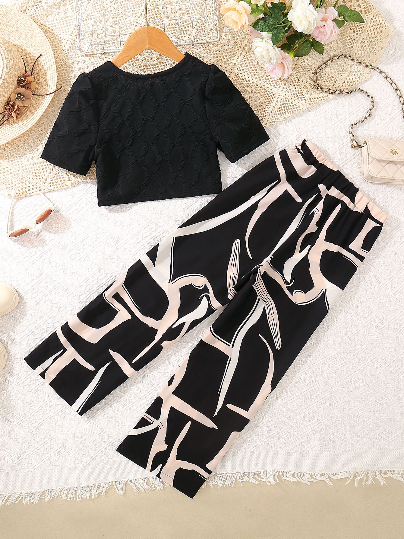 Trendy 2-Piece Girls Outfit Floral Print Bubble Sleeve Top Wide Leg Pants Set Ins Cute Summer Clothes Breathable Clothing Sets