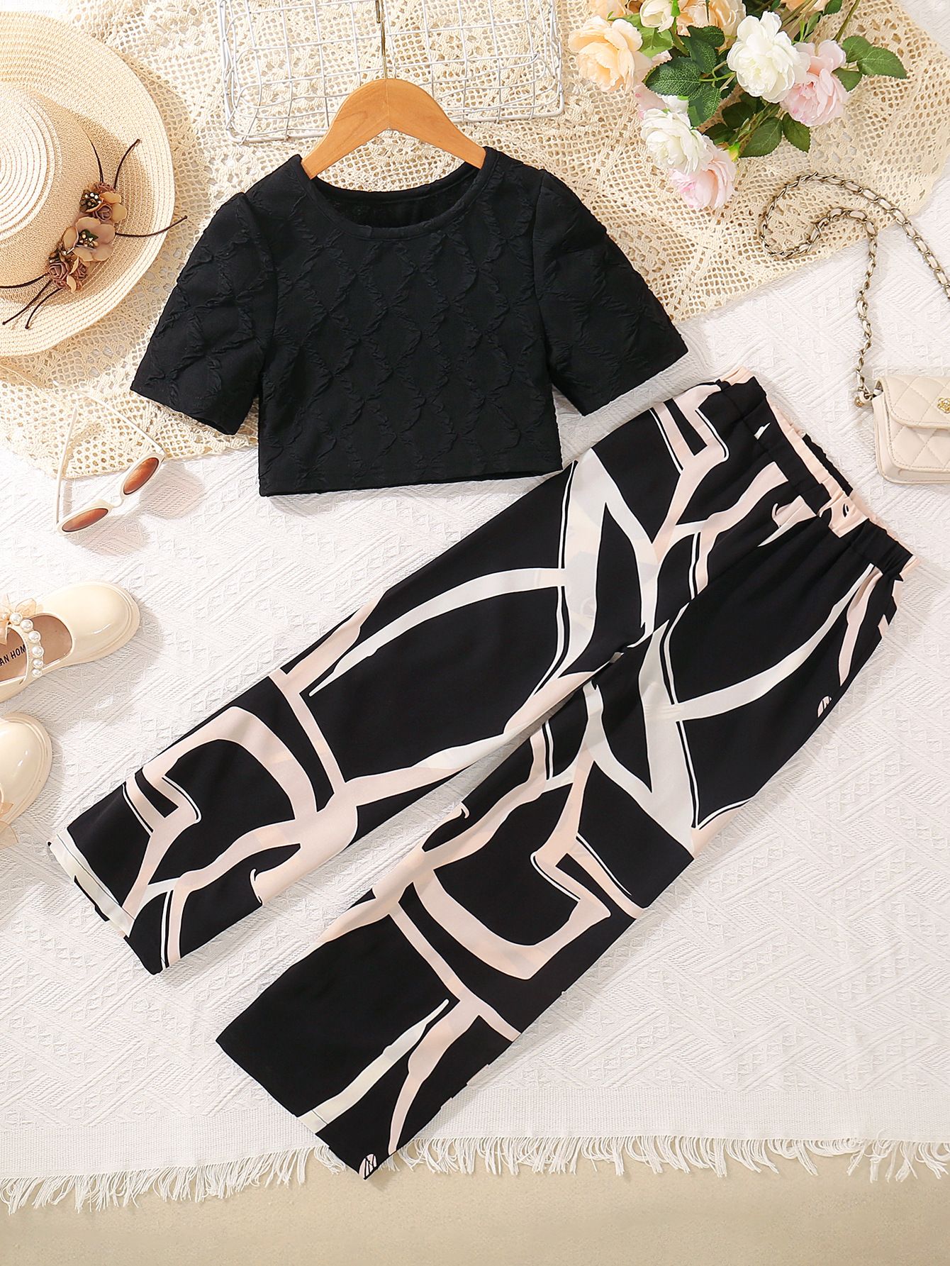 Trendy 2-Piece Girls Outfit Floral Print Bubble Sleeve Top Wide Leg Pants Set Ins Cute Summer Clothes Breathable Clothing Sets