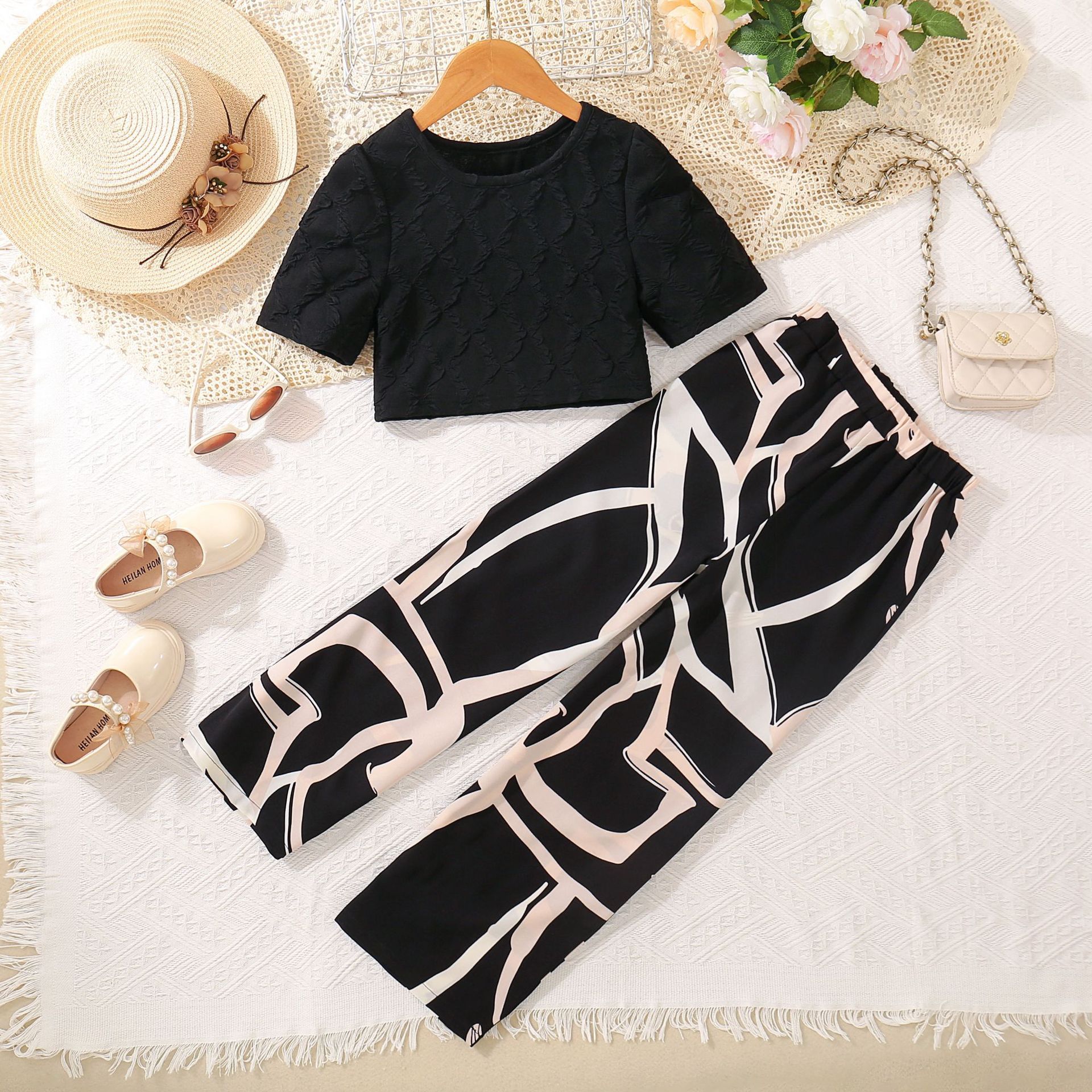 Trendy 2-Piece Girls Outfit Floral Print Bubble Sleeve Top Wide Leg Pants Set Ins Cute Summer Clothes Breathable Clothing Sets