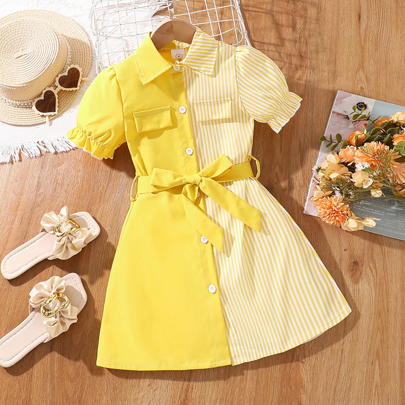 Girls' Clothing Set Skirt Short-Sleeve Dress Bowknot Patchwork Dress Princess Dress Butterfly Sleeves Two-Tone Design Fashion Season New Style INS Style Comfortable And Breathable