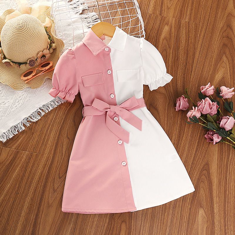 Girls' Clothing Set Skirt Short-Sleeve Dress Bowknot Patchwork Dress Princess Dress Butterfly Sleeves Two-Tone Design Fashion Season New Style INS Style Comfortable And Breathable