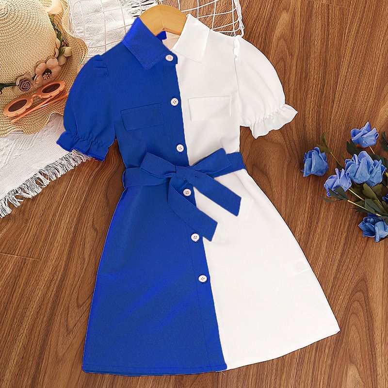 Girls' Clothing Set Skirt Short-Sleeve Dress Bowknot Patchwork Dress Princess Dress Butterfly Sleeves Two-Tone Design Fashion Season New Style INS Style Comfortable And Breathable