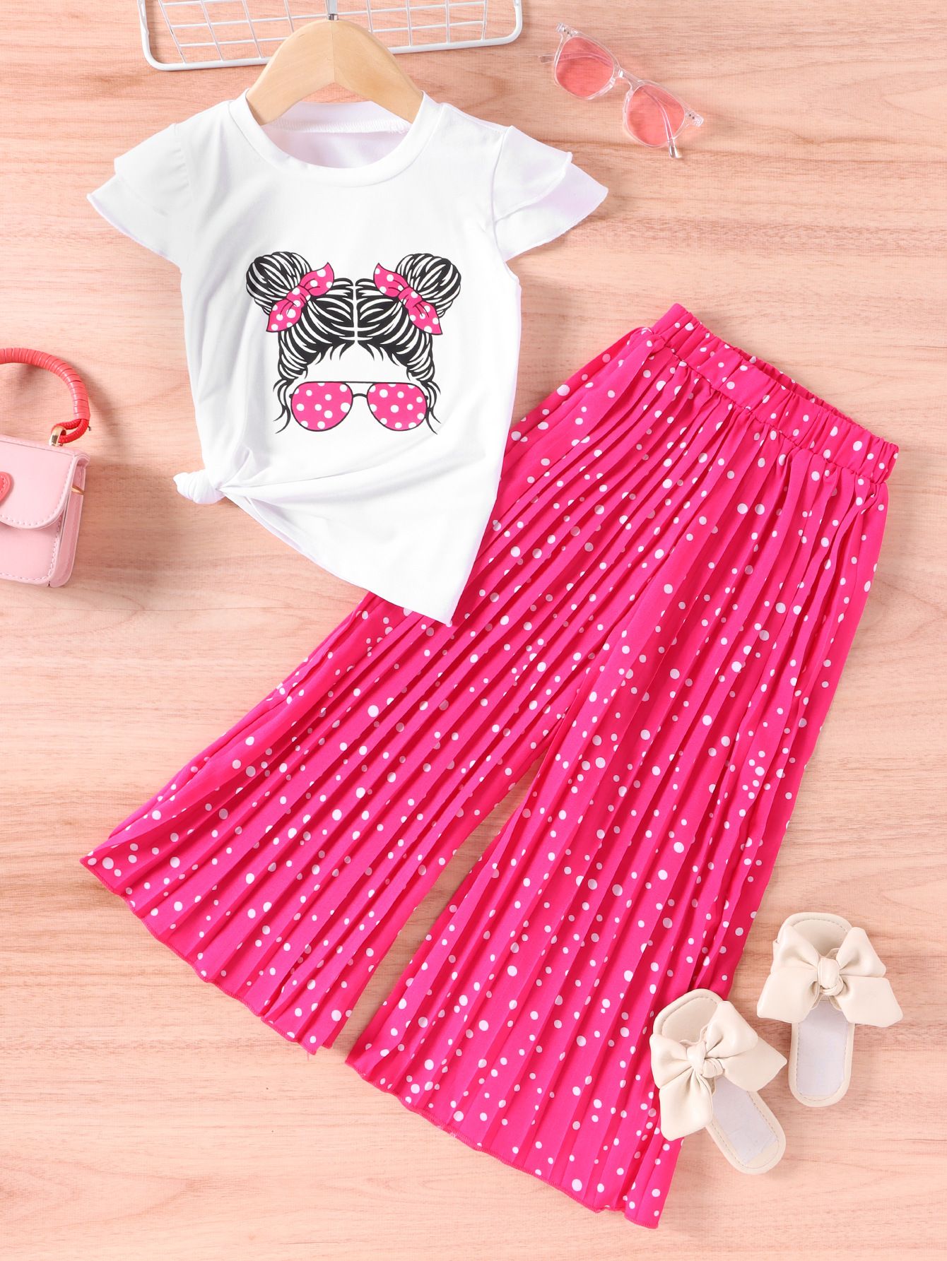 Fashion Girls' Clothing Set 2-Piece Short-Sleeve T-shirt And Long Pants Cute Girl Print Pattern Ruffled Top Girl Clothes Kid
