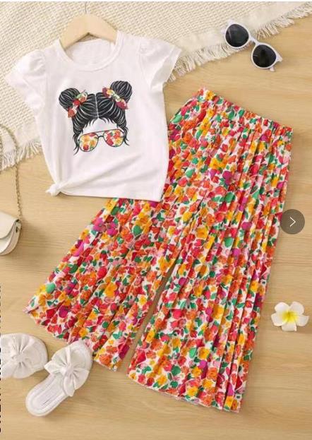 Fashion Girls' Clothing Set 2-Piece Short-Sleeve T-shirt And Long Pants Cute Girl Print Pattern Ruffled Top Girl Clothes Kid