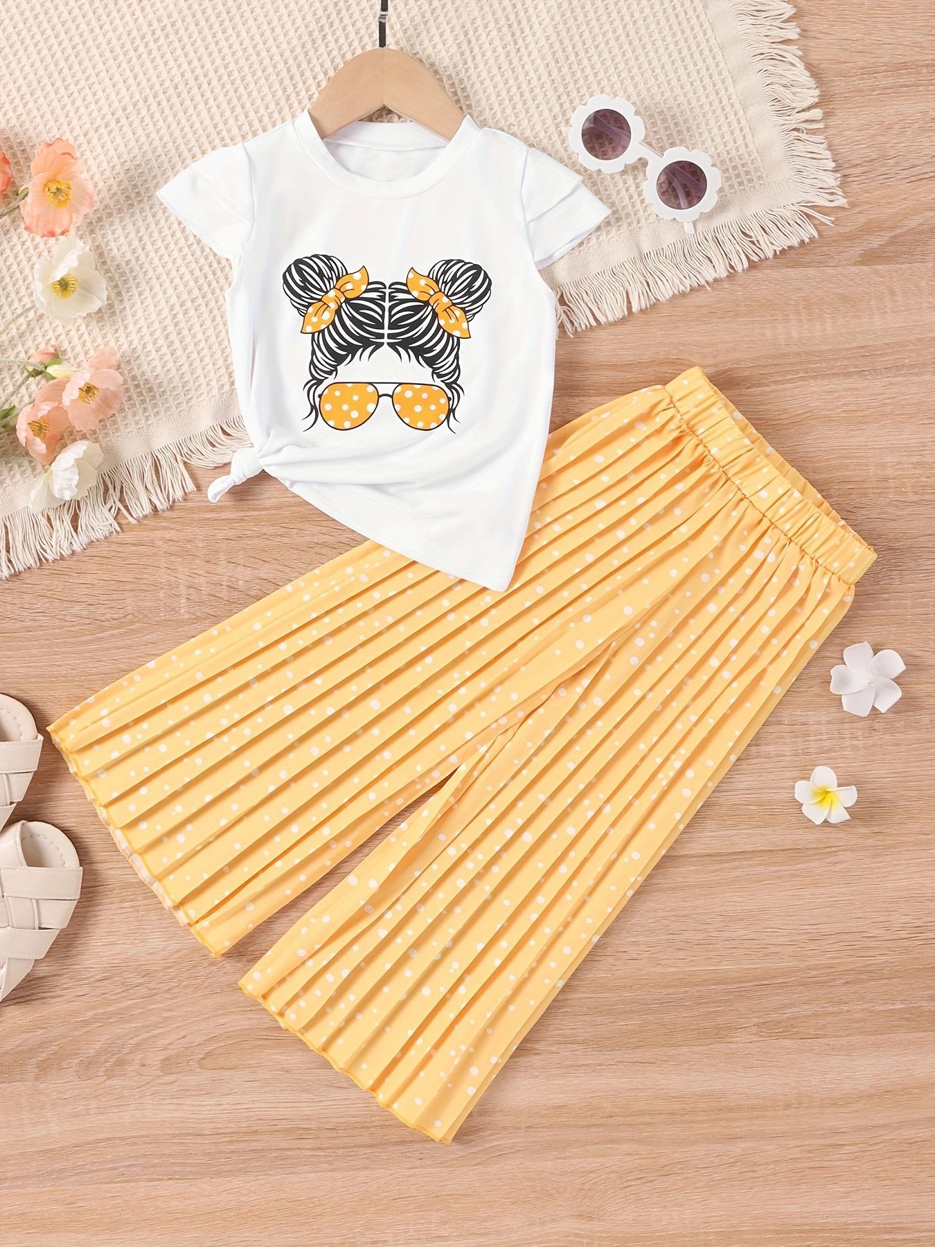 Fashion Girls' Clothing Set 2-Piece Short-Sleeve T-shirt And Long Pants Cute Girl Print Pattern Ruffled Top Girl Clothes Kid
