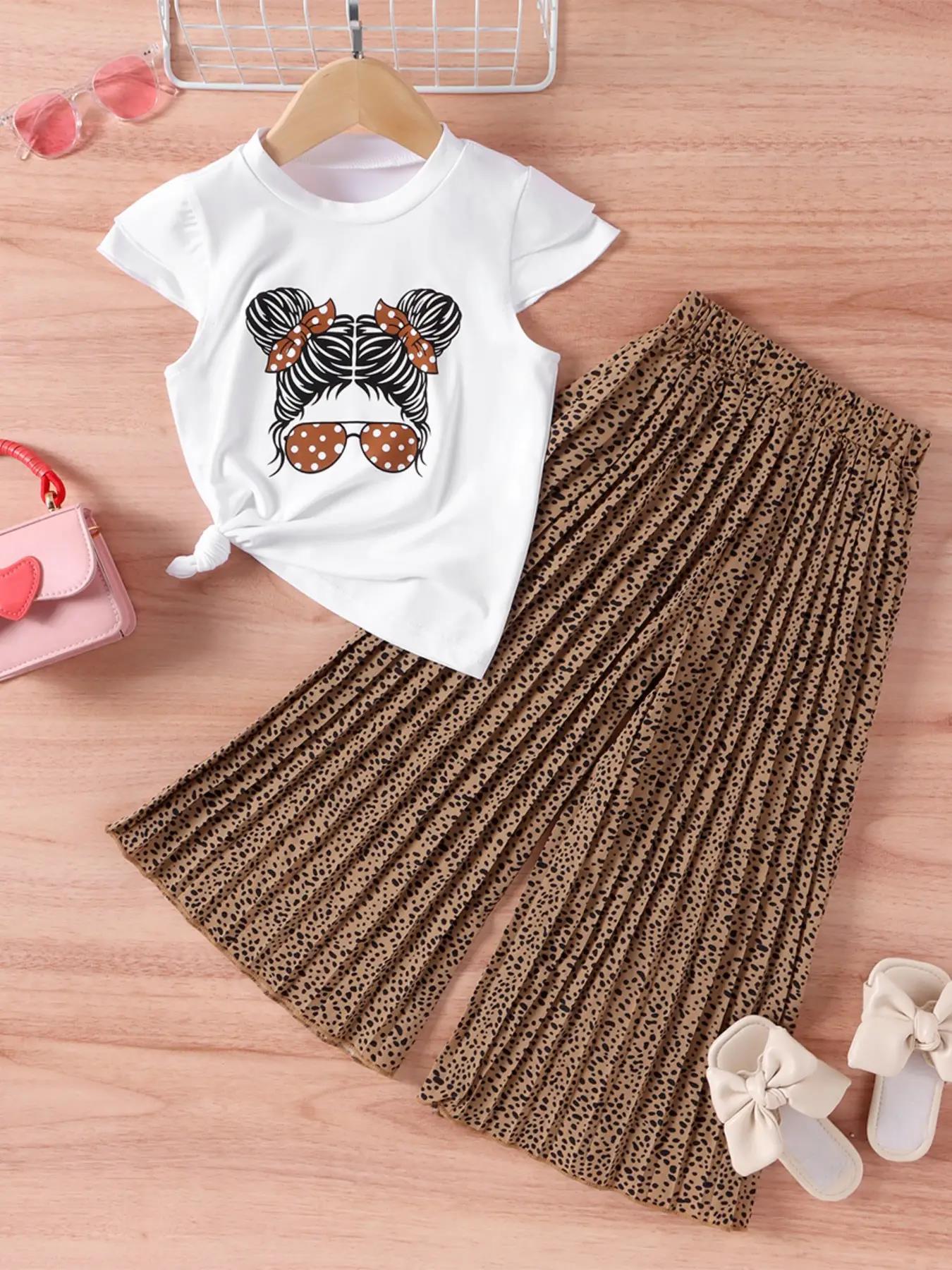 Fashion Girls' Clothing Set 2-Piece Short-Sleeve T-shirt And Long Pants Cute Girl Print Pattern Ruffled Top Girl Clothes Kid