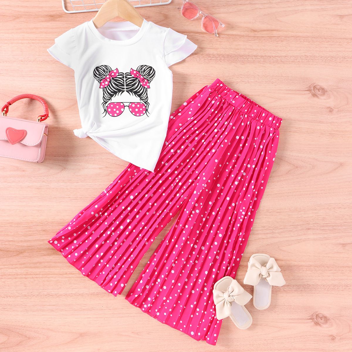 Fashion Girls' Clothing Set 2-Piece Short-Sleeve T-shirt And Long Pants Cute Girl Print Pattern Ruffled Top Girl Clothes Kid