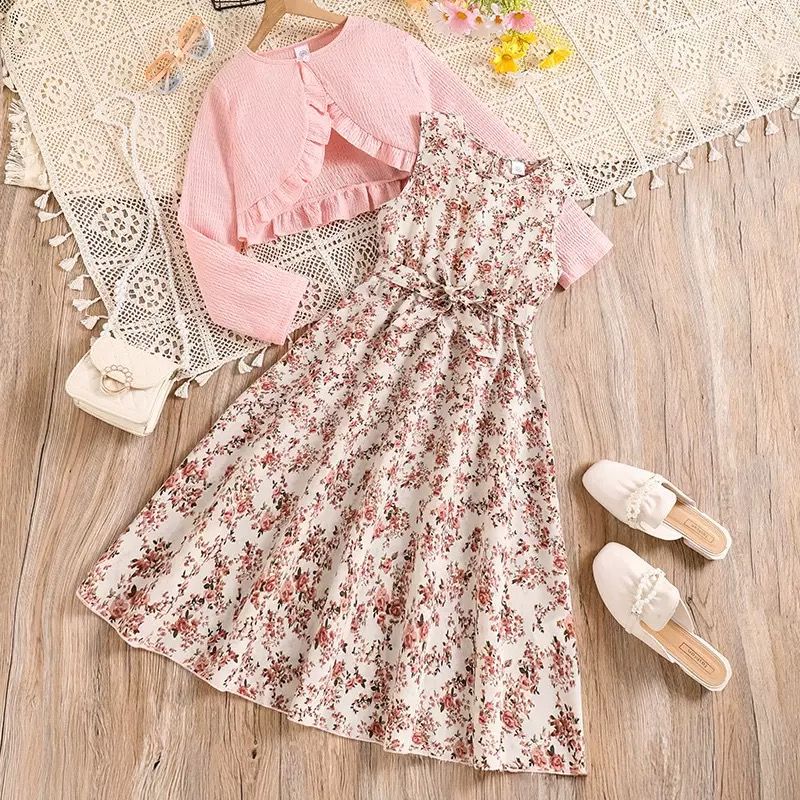 Girls' Clothing Sets 2-Piece Set Printed Dress Long Sleeve Jacket Trendy Ins Outfit for Big Kids Age 8-12  Matching Set Breathable Cotton Floral Dress