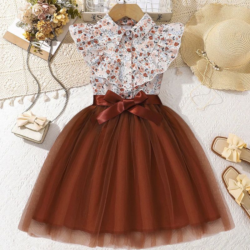 New Autumn Winter Girls Dress Long Sleeve Printed Tulle Dress with Bowknot Belt Soft Breathable Cute Comfortable Elegant Formal Outfit for 2-12 Years Old Holiday Party Formal Dress Mid-long Dresses