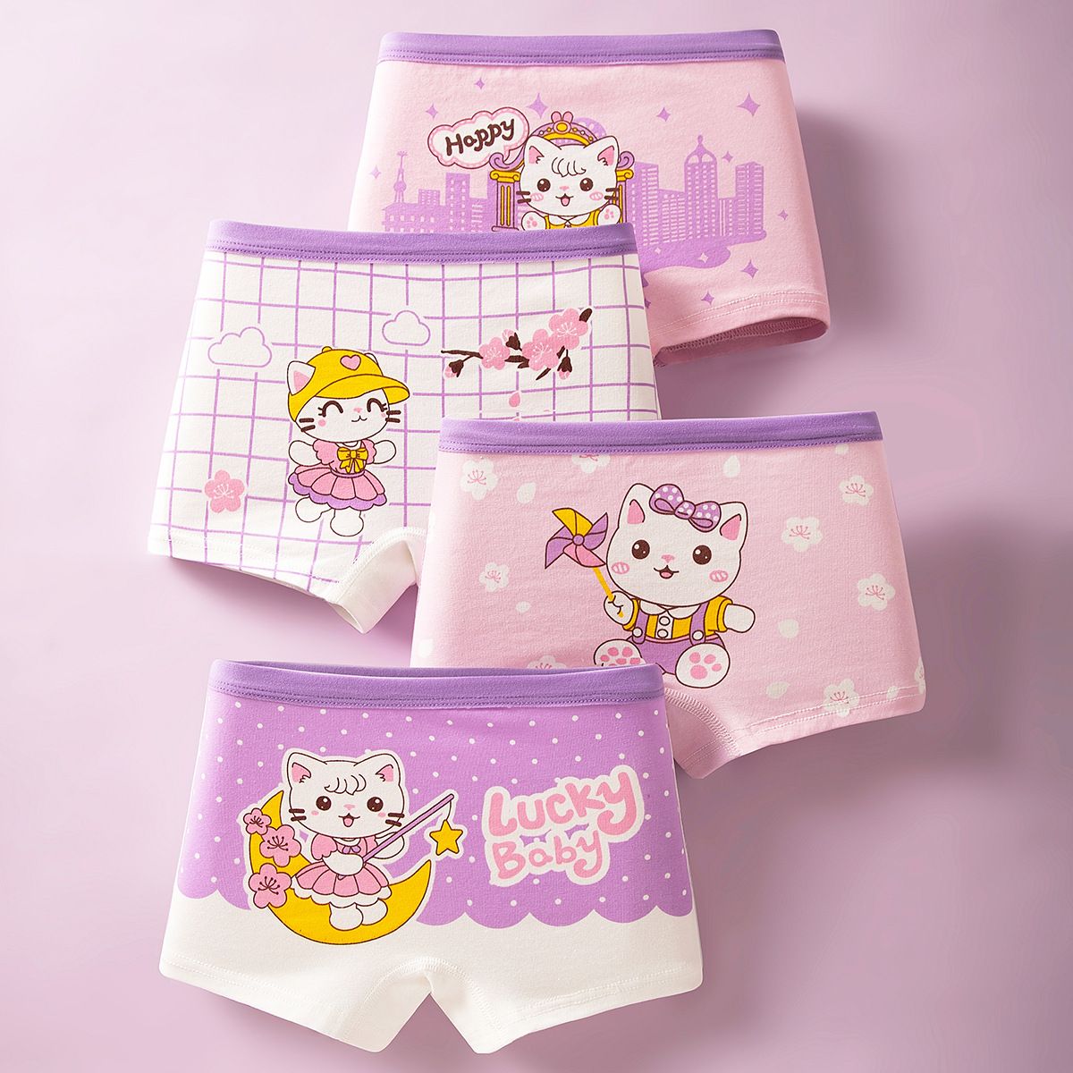 4 Piece Girls Cotton Underwear Set Cute Cartoon Toddler Baby Boxer Briefs Soft Breathable Kids Flat Angle Underwear Skin Friendly Elastic Waist Daily Wear for Little Girls