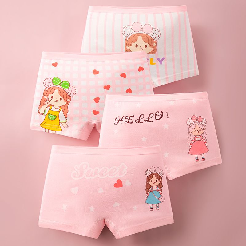 4-Piece Girls' Underwear Set Flat Angle Underwear Kids' Shorts Cotton Underwear Cute Cartoon Patterns Comfortable And Breathable Toddler Baby Boxer Briefs