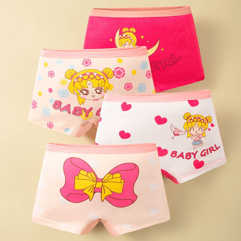 4-Piece Girls' Underwear Set Flat Angle Underwear Kids' Shorts Cotton Underwear Cute Cartoon Patterns Comfortable And Breathable Toddler Baby Boxer Briefs