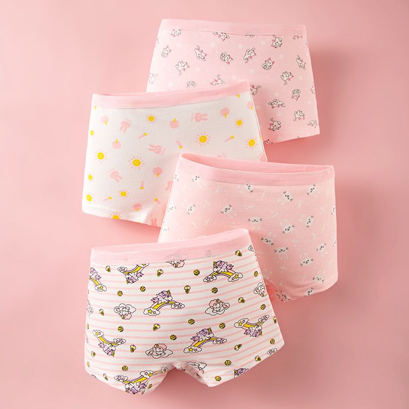 4-Piece Girls' Underwear Set Flat Angle Underwear Kids' Shorts Cotton Underwear Cute Cartoon Patterns Comfortable And Breathable Toddler Baby Boxer Briefs
