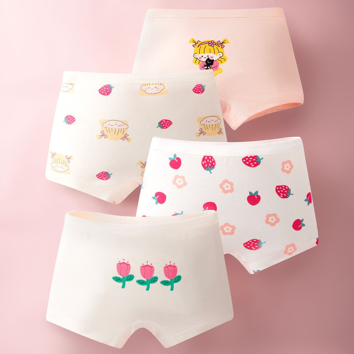 4-Piece Girls' Underwear Set Flat Angle Underwear Kids' Shorts Cotton Underwear Cute Cartoon Patterns Comfortable And Breathable Toddler Baby Boxer Briefs