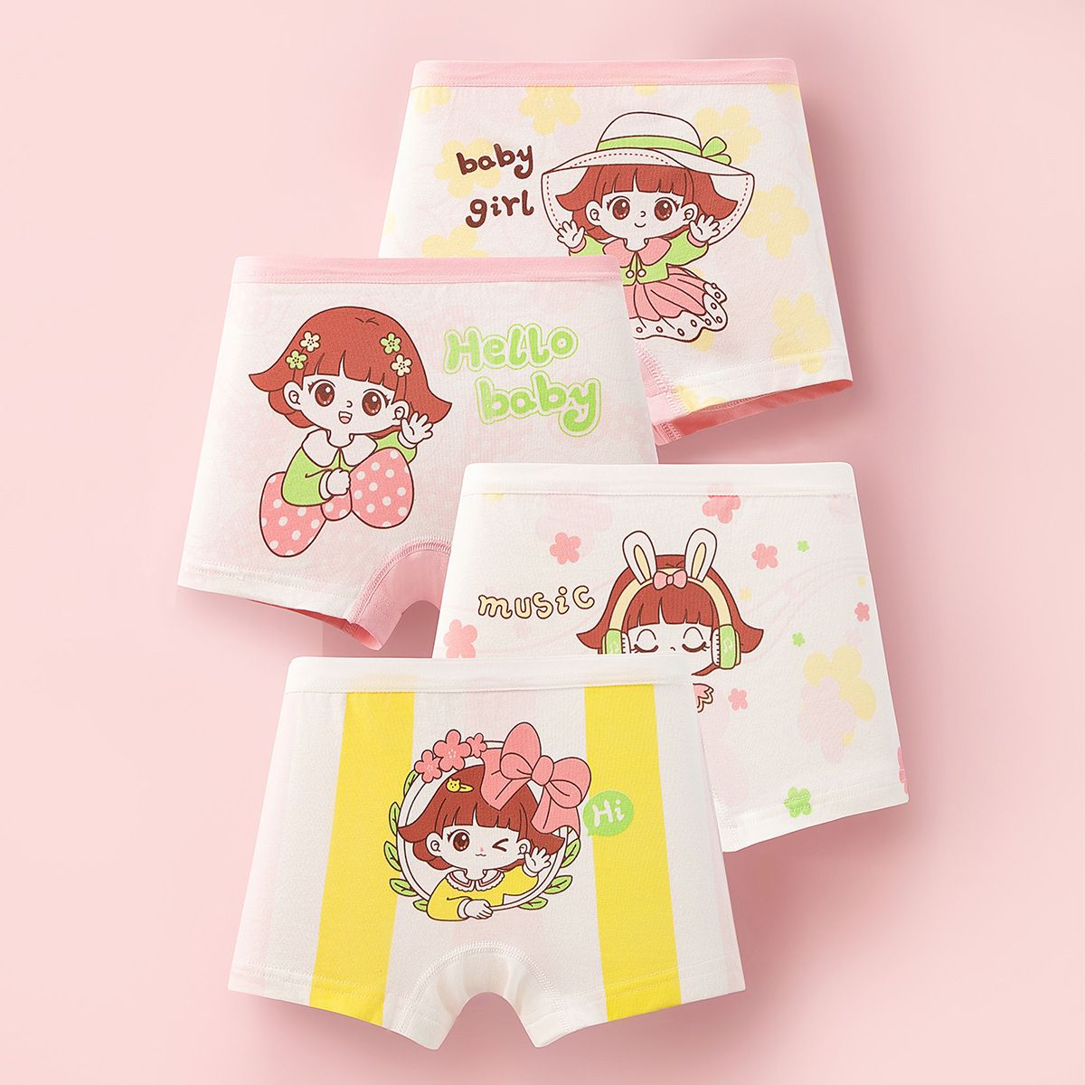 4-Piece Girls' Underwear Set Flat Angle Underwear Kids' Shorts Cotton Underwear Cute Cartoon Patterns Comfortable And Breathable Toddler Baby Boxer Briefs