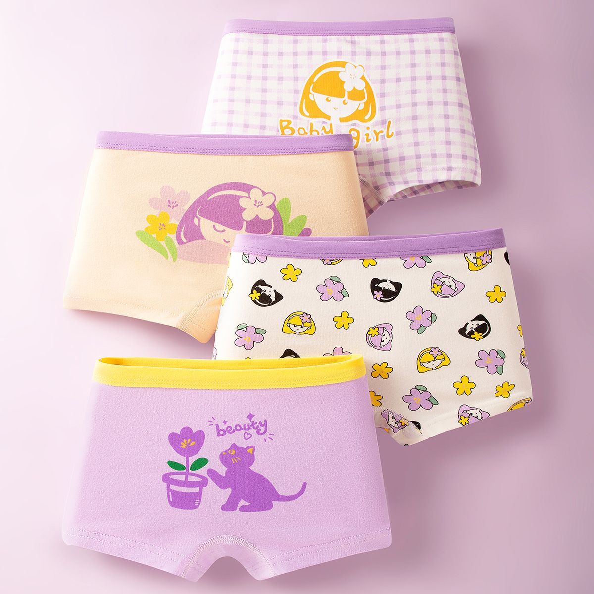 4-Piece Girls' Underwear Set Flat Angle Underwear Kids' Shorts Cotton Underwear Cute Cartoon Patterns Comfortable And Breathable Toddler Baby Boxer Briefs