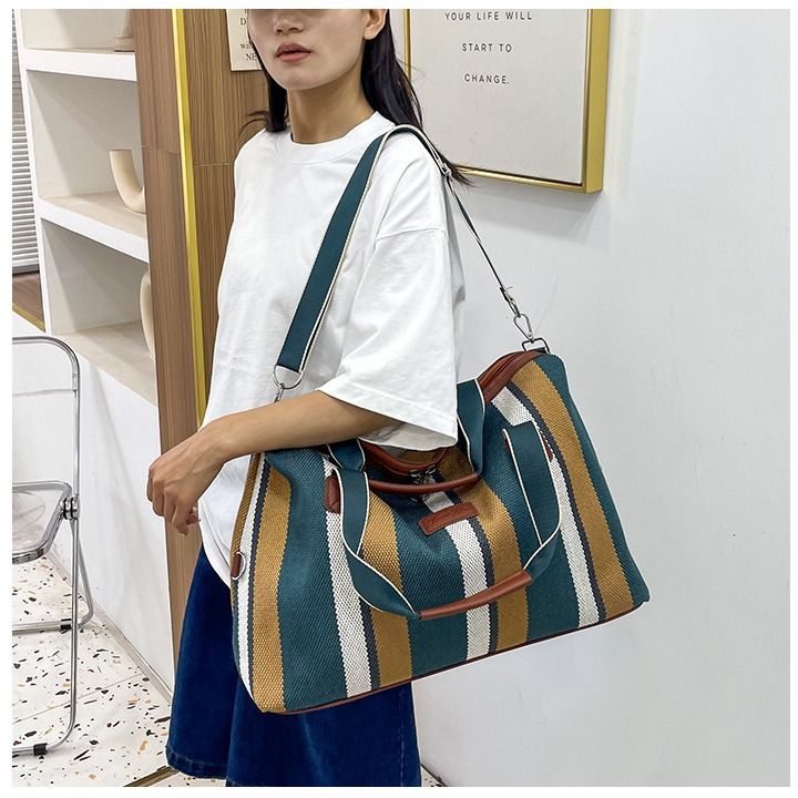 【New】Women's Handbag Minimalist Casual Canvas Tote Bag High Quality Online Large Capacity Diagonal Fashion New Style Shoulder Bag Stripe Trend Style Fashion Pendant Multifunctional New Bag Handbag