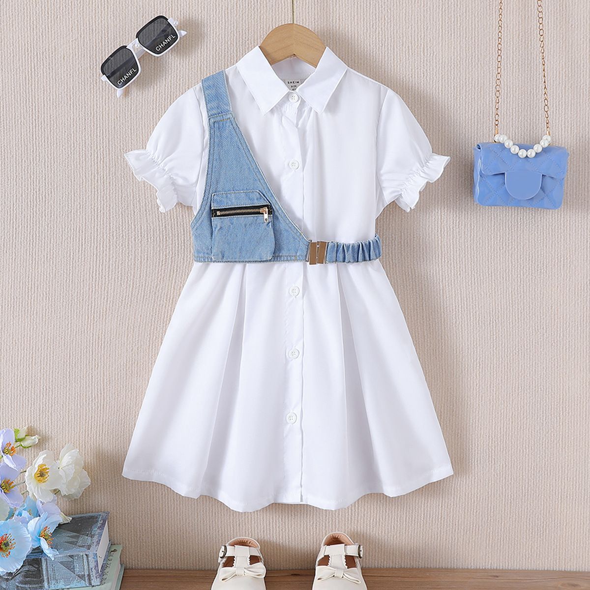 Girls 2 Piece Outfit Set Collared Shirt Long Dress Denim Vest Fashionable New Style Comfortable And Breathable
