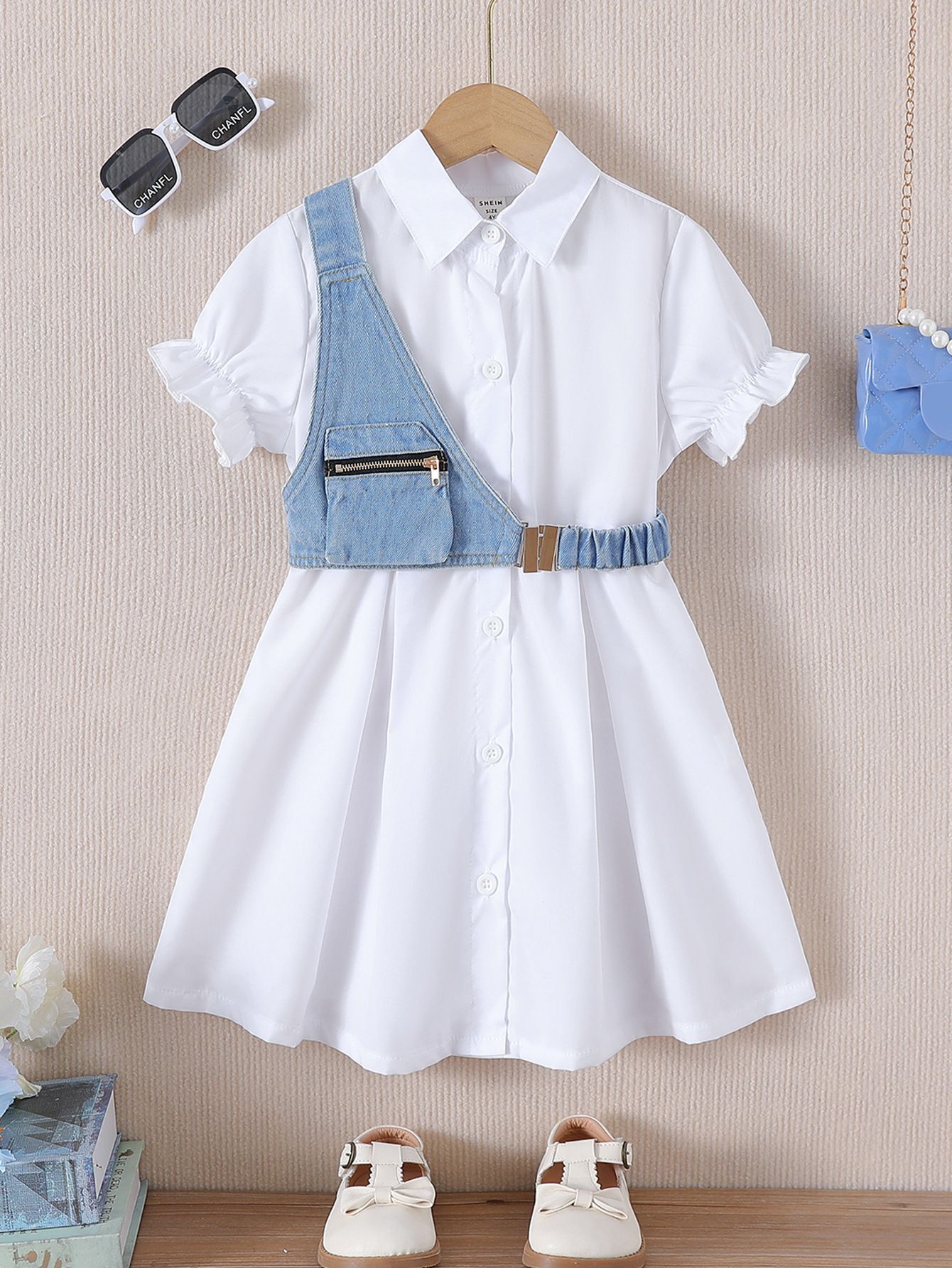 Girls 2 Piece Outfit Set Collared Shirt Long Dress Denim Vest Fashionable New Style Comfortable And Breathable