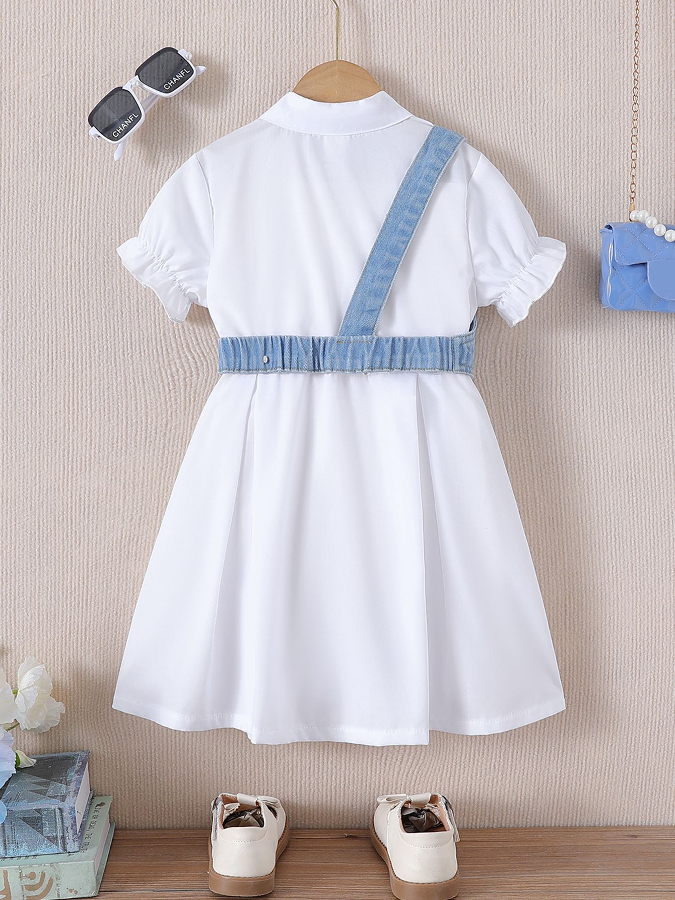 Girls 2 Piece Outfit Set Collared Shirt Long Dress Denim Vest Fashionable New Style Comfortable And Breathable