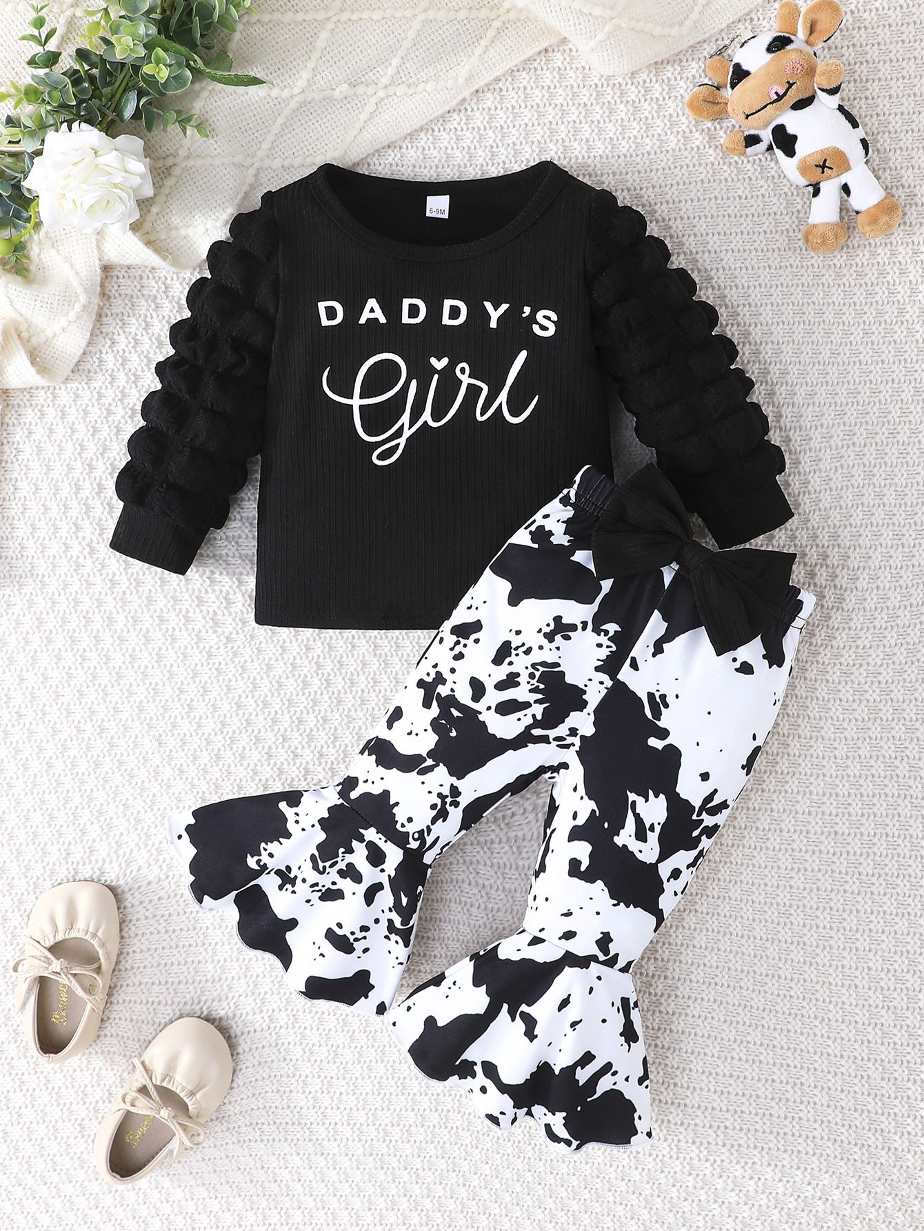 Girls 2 Piece Outfit Set Newborn Baby Clothing Long Sleeve Puff Sleeve Letter Print Top Bow Flare Pants Fashionable Comfortable And Breathable