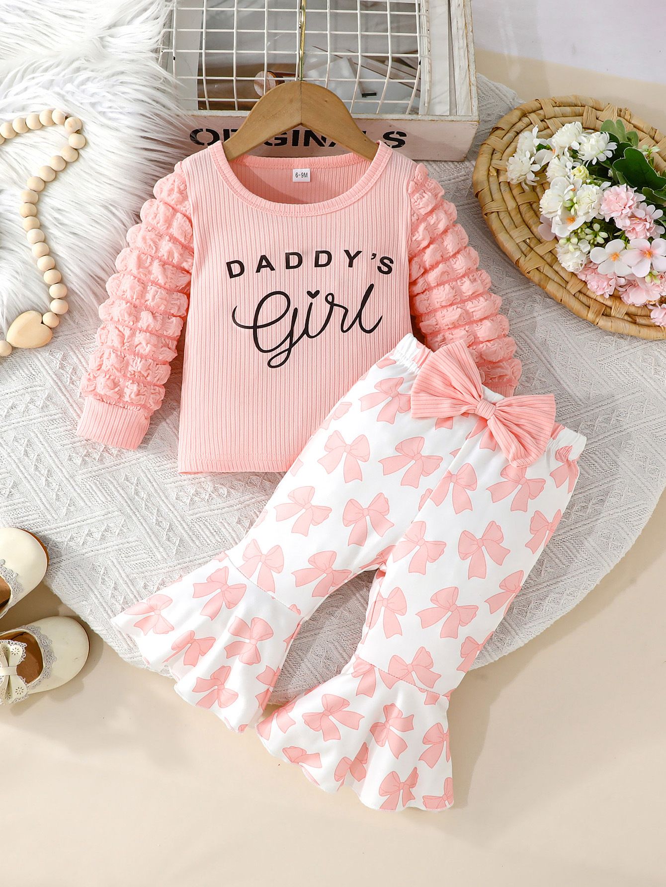 Girls 2 Piece Outfit Set Newborn Baby Clothing Long Sleeve Puff Sleeve Letter Print Top Bow Flare Pants Fashionable Comfortable And Breathable
