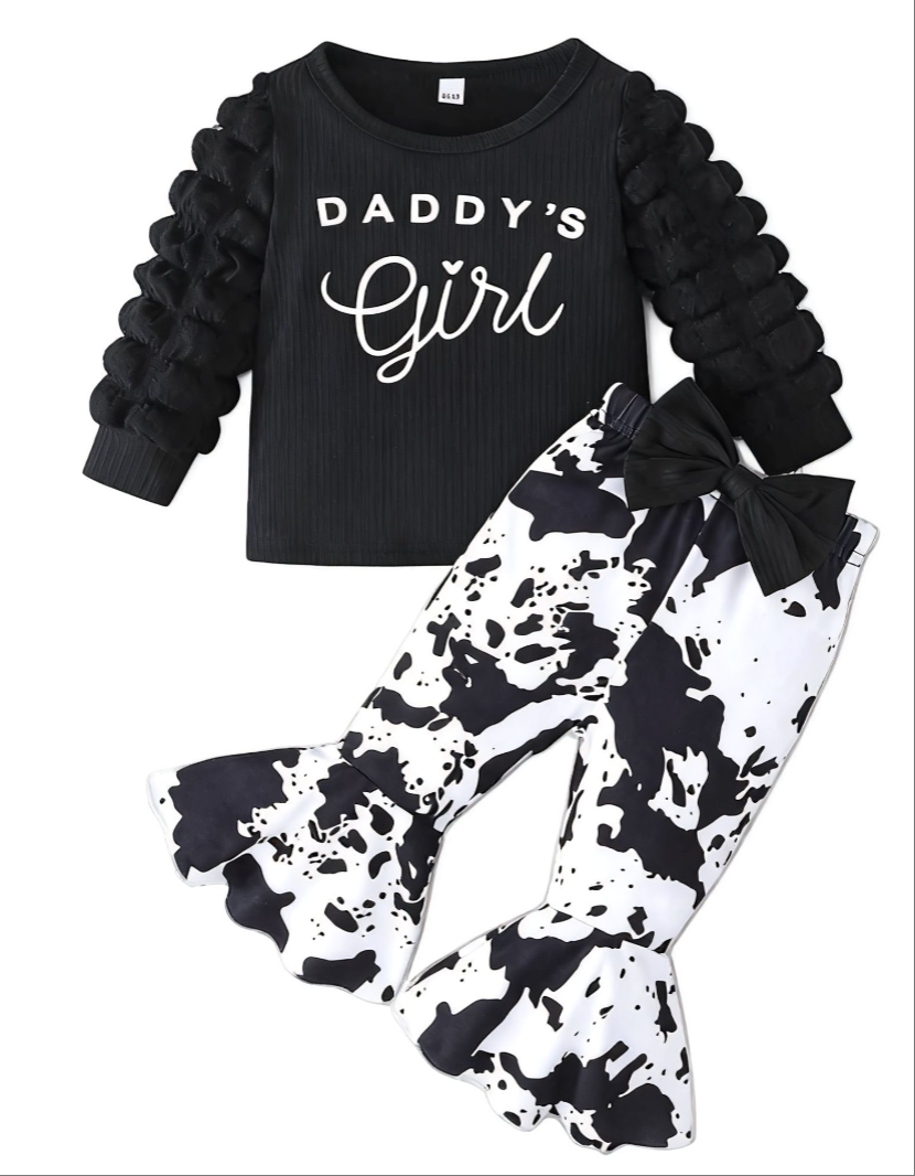 Girls 2 Piece Outfit Set Newborn Baby Clothing Long Sleeve Puff Sleeve Letter Print Top Bow Flare Pants Fashionable Comfortable And Breathable