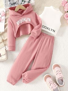 3 Piece Girls Clothing Set INS Long Sleeve Hoodie Vest Sports Pants Casual Fashion Comfortable Outfit for 3-10 Years Old Girl Clothes Kid