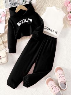 3 Piece Girls Clothing Set INS Long Sleeve Hoodie Vest Sports Pants Casual Fashion Comfortable Outfit for 3-10 Years Old Girl Clothes Kid