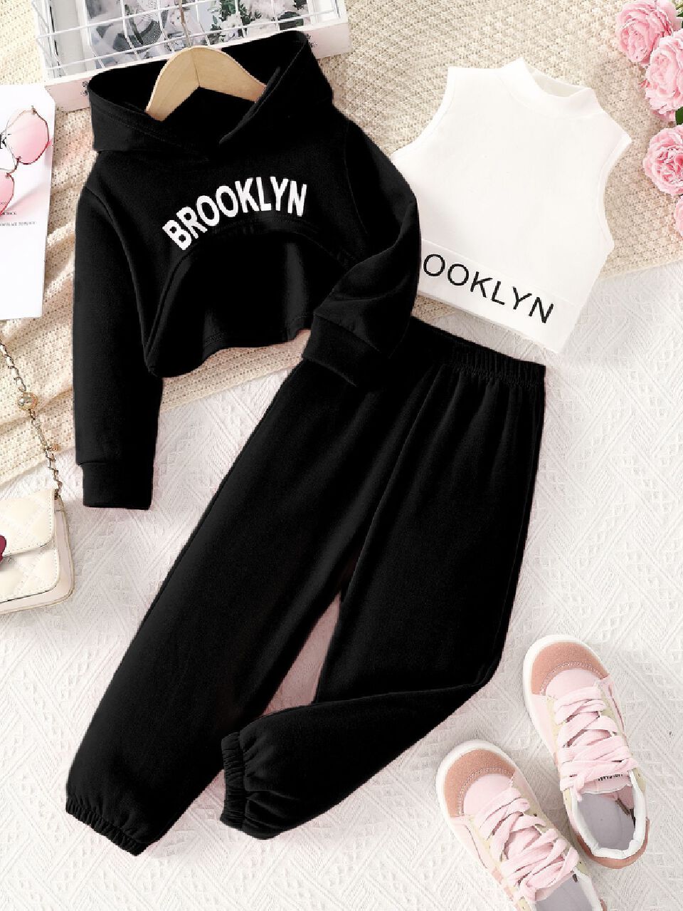 3 Piece Girls Clothing Set INS Long Sleeve Hoodie Vest Sports Pants Casual Fashion Comfortable Outfit for 3-10 Years Old Girl Clothes Kid