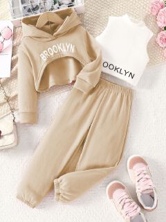 3 Piece Girls Clothing Set INS Long Sleeve Hoodie Vest Sports Pants Casual Fashion Comfortable Outfit for 3-10 Years Old Girl Clothes Kid
