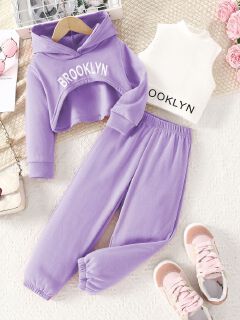 3 Piece Girls Clothing Set INS Long Sleeve Hoodie Vest Sports Pants Casual Fashion Comfortable Outfit for 3-10 Years Old Girl Clothes Kid