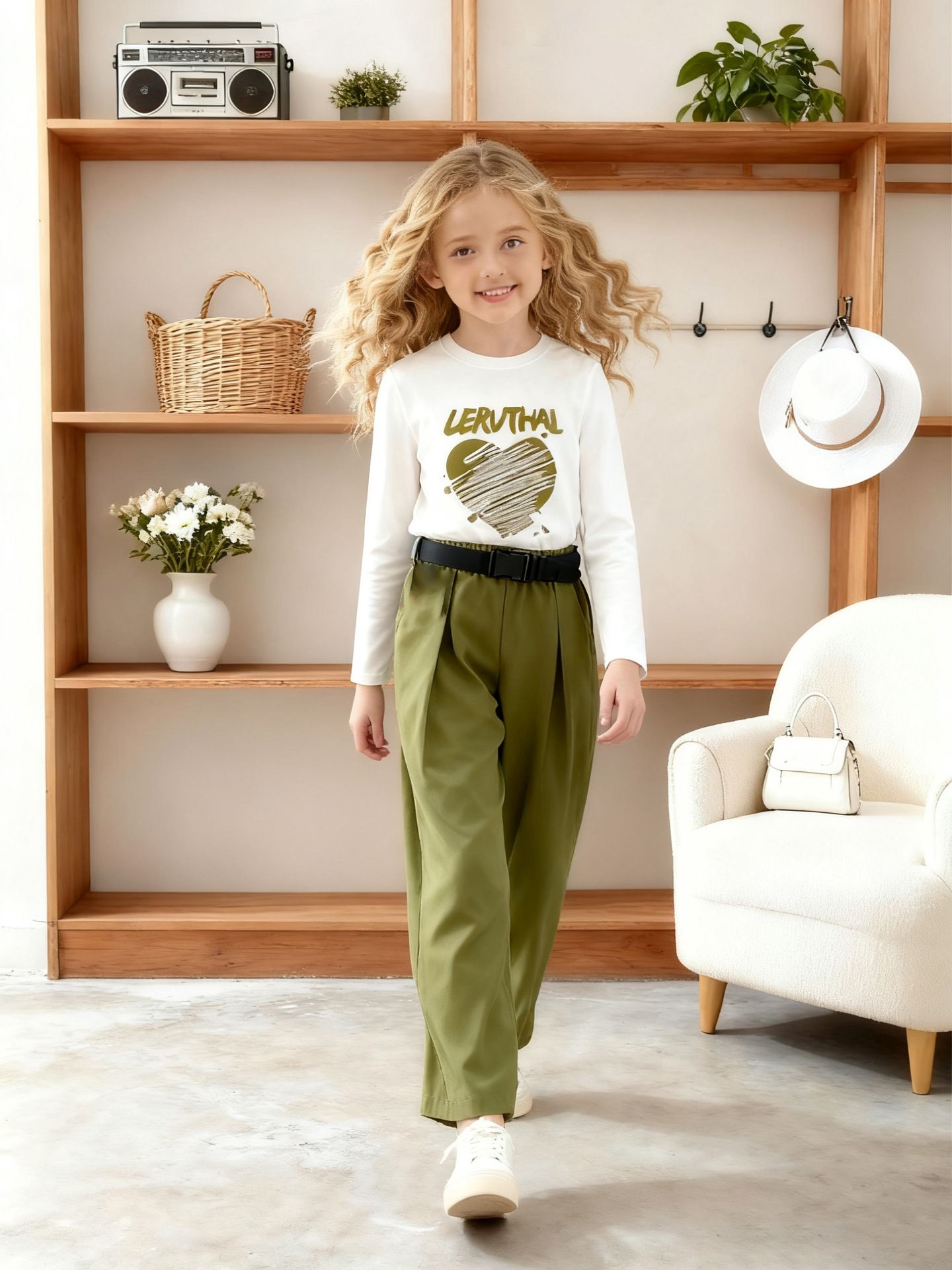 Fashion Kids Clothing 2 Piece Set INS Style Long Sleeve Top With Heart Letter Print Sports Casual Wide Leg Pants New Season Outfit for 5-14 Years Old