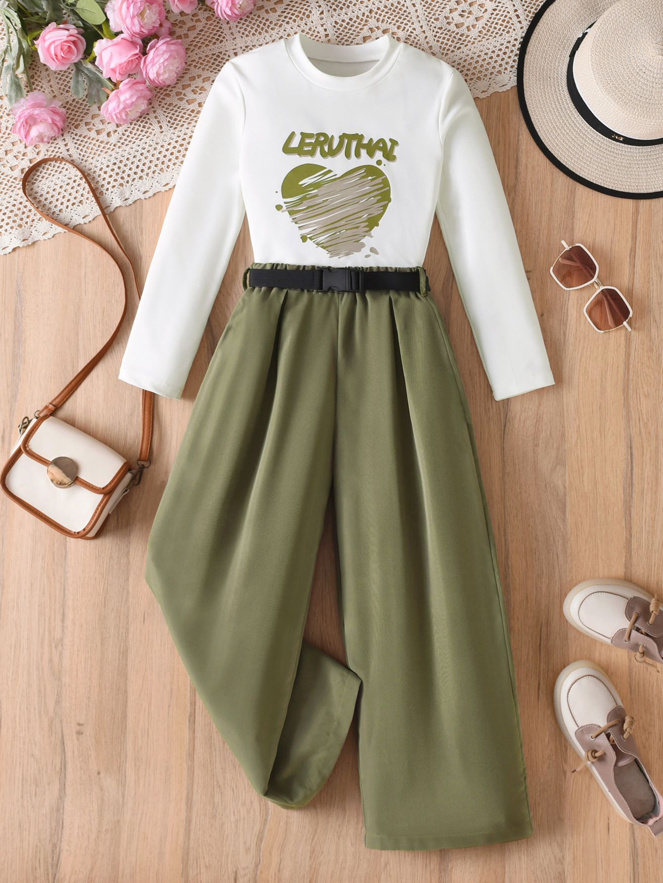 Fashion Kids Clothing 2 Piece Set INS Style Long Sleeve Top With Heart Letter Print Sports Casual Wide Leg Pants New Season Outfit for 5-14 Years Old