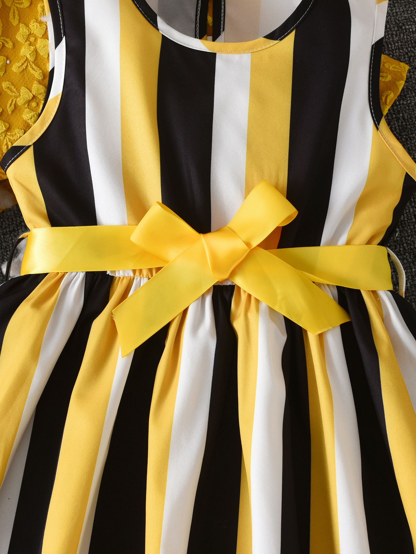 2 Piece Girls Clothing Set Princess Formal Dress Jacquard Blazer Long Sleeve Suit Jacket Stripe Bowknot Dress Cardigan Elegant Outfit for Girl Clothes Kid