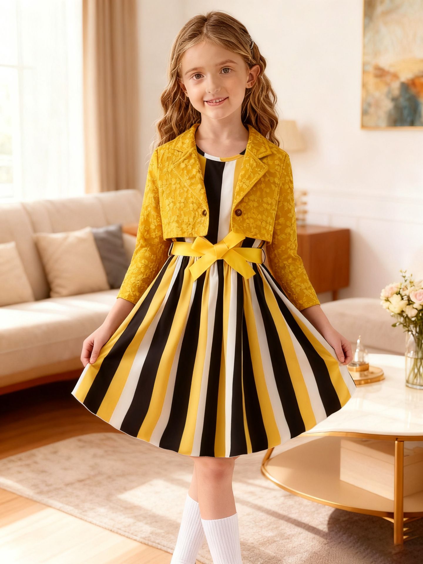 2 Piece Girls Clothing Set Princess Formal Dress Jacquard Blazer Long Sleeve Suit Jacket Stripe Bowknot Dress Cardigan Elegant Outfit for Girl Clothes Kid