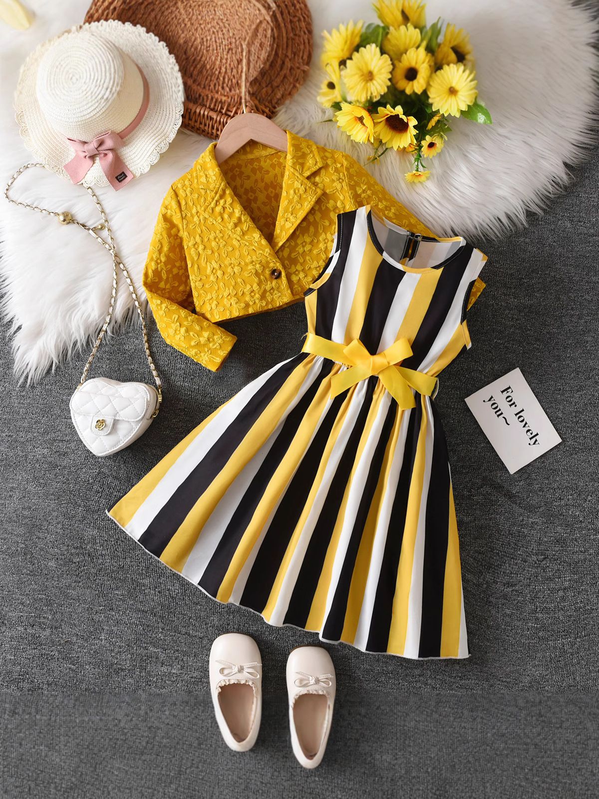 2 Piece Girls Clothing Set Princess Formal Dress Jacquard Blazer Long Sleeve Suit Jacket Stripe Bowknot Dress Cardigan Elegant Outfit for Girl Clothes Kid