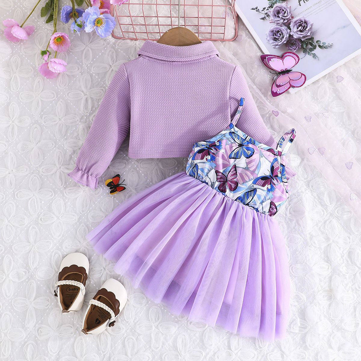 2 Piece Baby Girls Kids Clothing Set Long Sleeve Jacket Spaghetti Strap Mesh Dress Butterfly Embroidery Purple Butterfly Fashion Trendy New Style