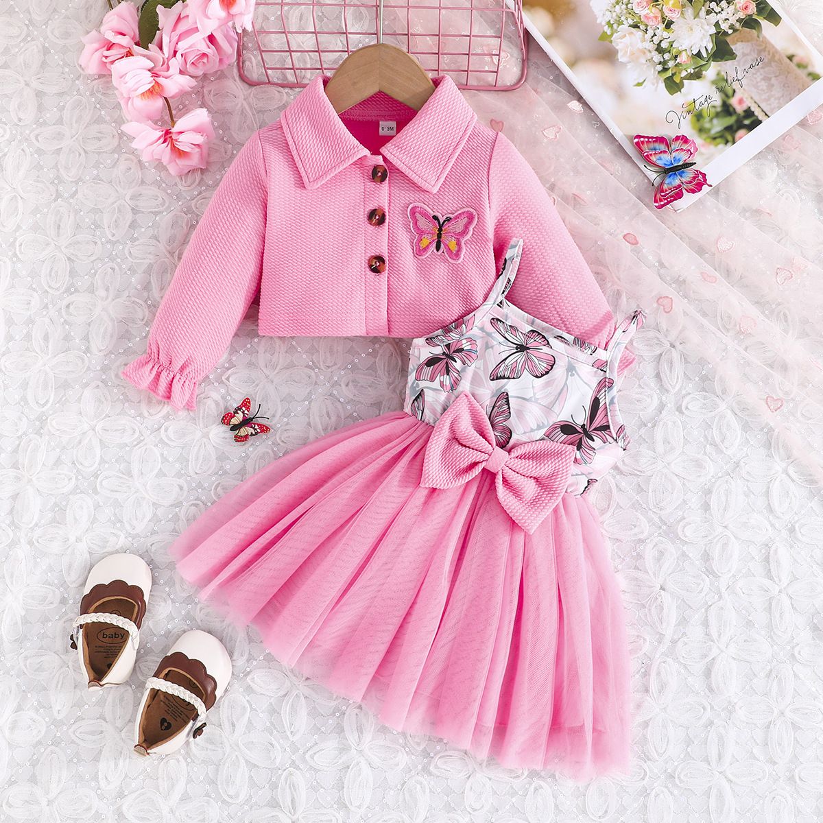 2 Piece Baby Girls Kids Clothing Set Long Sleeve Jacket Spaghetti Strap Mesh Dress Butterfly Embroidery Purple Butterfly Fashion Trendy New Style