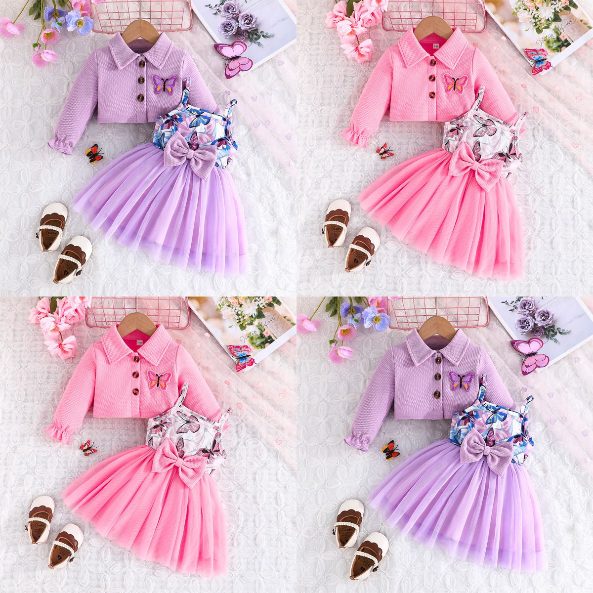2 Piece Baby Girls Kids Clothing Set Long Sleeve Jacket Spaghetti Strap Mesh Dress Butterfly Embroidery Purple Butterfly Fashion Trendy New Style