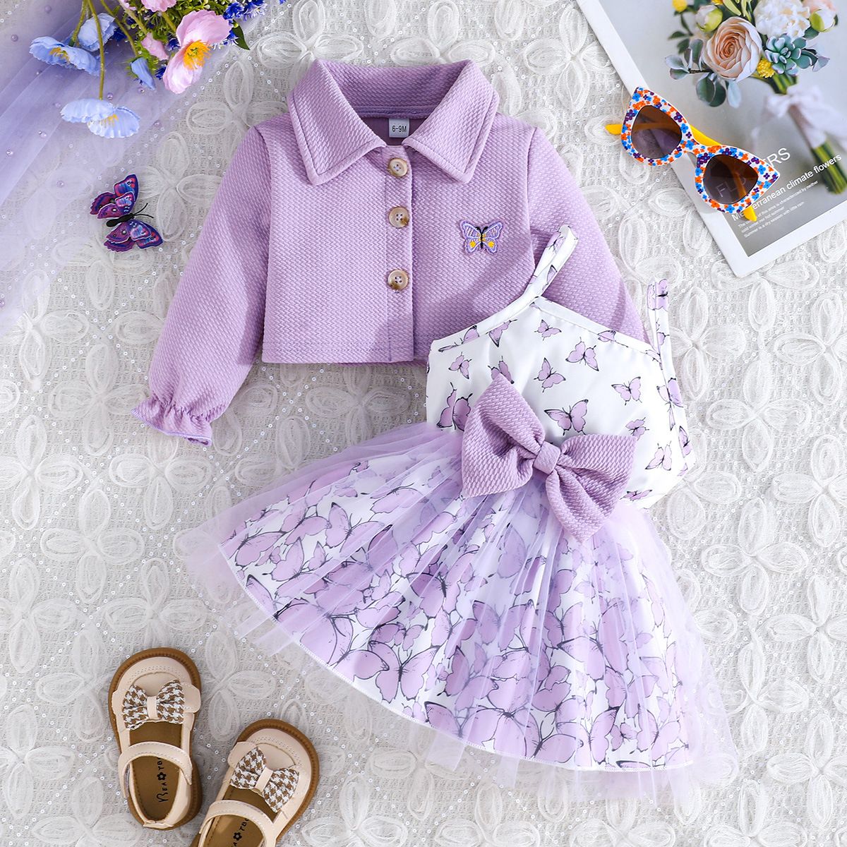 2 Piece Baby Girls Kids Clothing Set Long Sleeve Jacket Spaghetti Strap Mesh Dress Butterfly Embroidery Purple Butterfly Fashion Trendy New Style