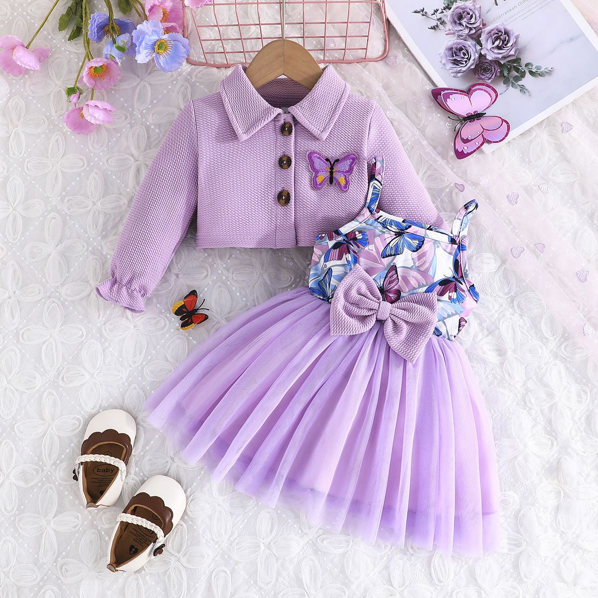 2 Piece Baby Girls Kids Clothing Set Long Sleeve Jacket Spaghetti Strap Mesh Dress Butterfly Embroidery Purple Butterfly Fashion Trendy New Style